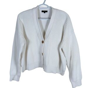 Quince Cardigan Women Size M White Organic Cotton Ribbed Chunky Knit